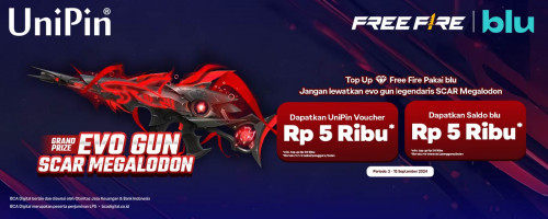 Dapatkan Evo Gun SCAR Megalodon! Top Up Diamonds Free Fire Pakai blu Dapatkan Bonus Voucher UniPin dan Saldo blu 5Ribu!!